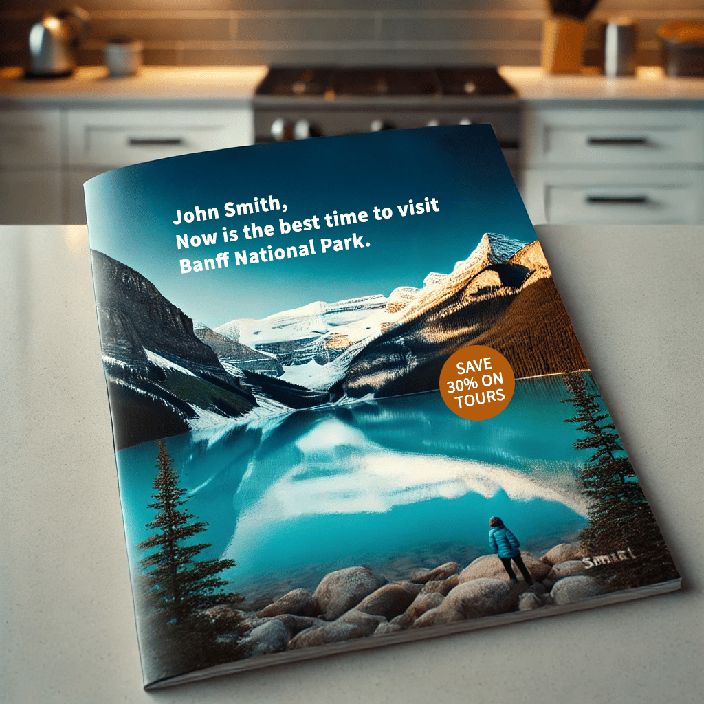 DALL·E 2025-06-24 17.01.39 - A travel brochure sitting on a modern kitchen counter. The brochure cover features a stunning image of Lake Louise in Banff National Park, with a crys-1
