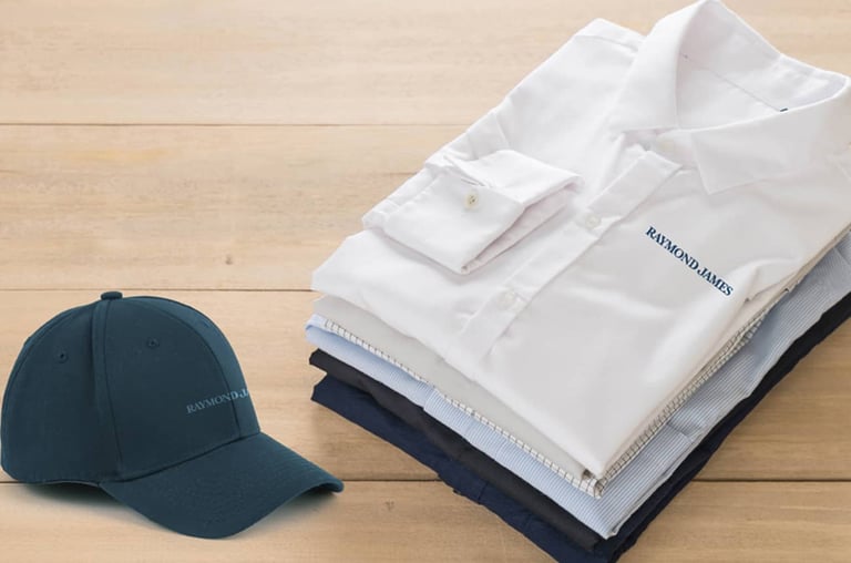 Baseball cap and button down shirt with Raymond James logos on each